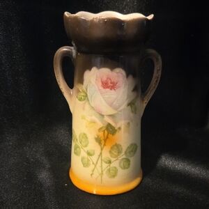 Czechoslovakia Small Hand Painted Rose Double Handle Vase